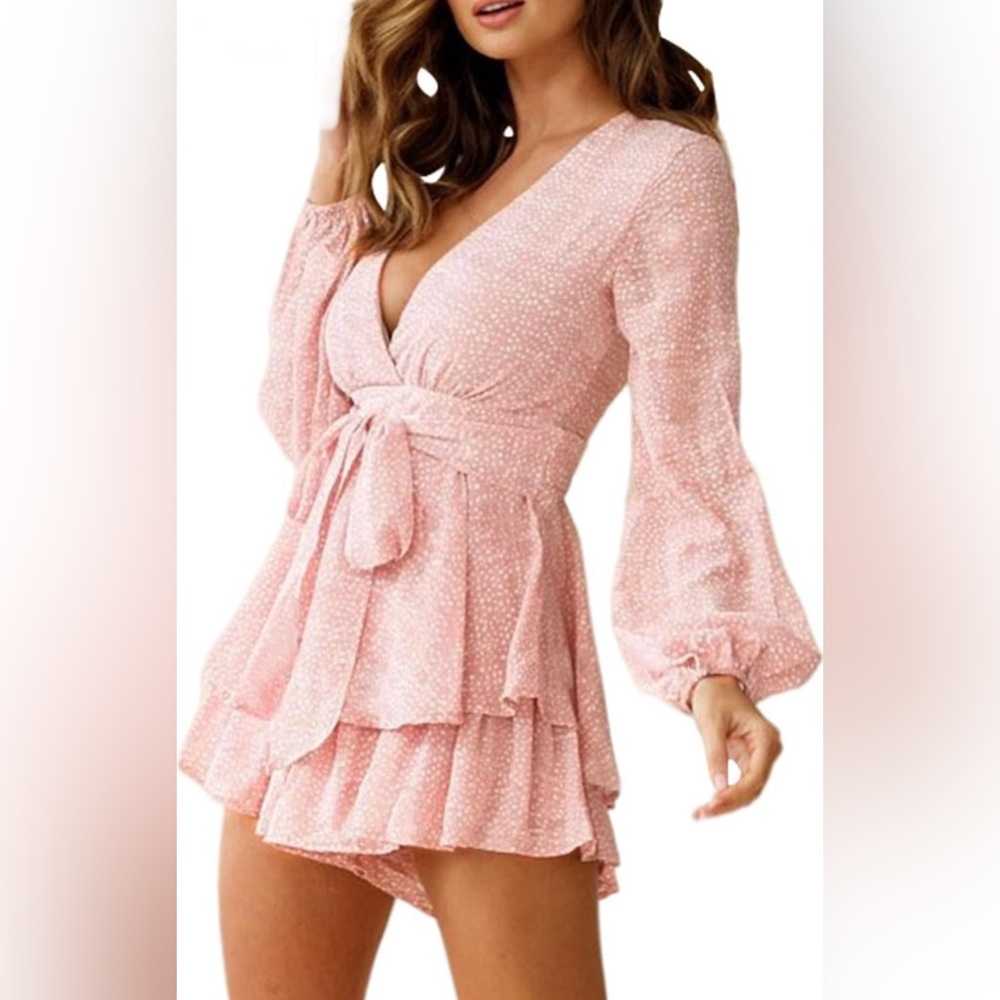 Textured Dot Print Ruffle Romper - Picture 3 of 14